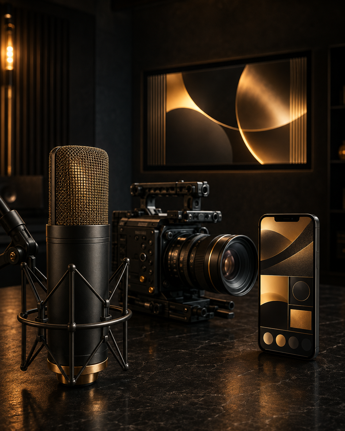 Creative studio with a microphone, camera, smartphone and digital advertising display